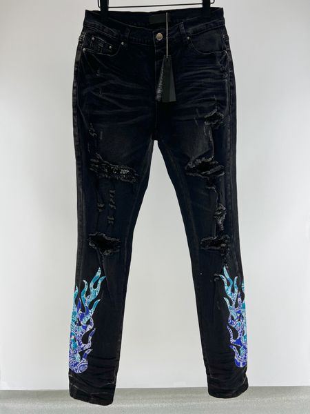 

mens designer motorcycle jeans fashion flame embroidery hole design tight pencil pants men luxury clothing jeans, Blue