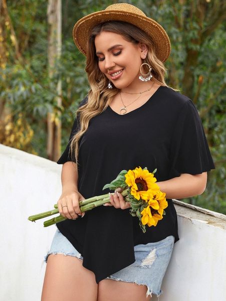 

plus flutter sleeve hanky hem blouse n4jc#, Black