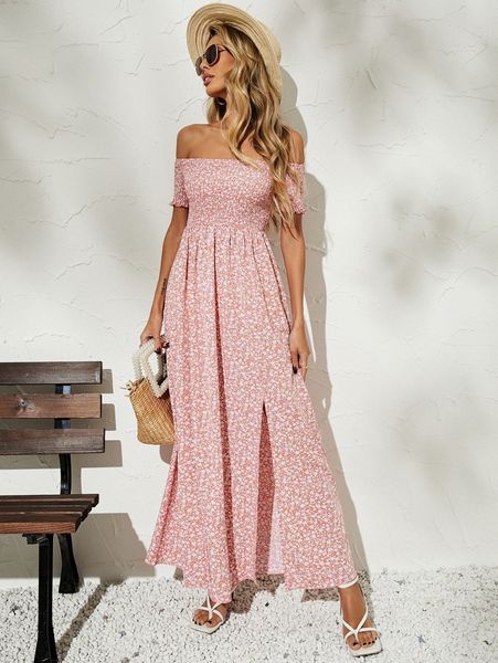 

ditsy floral off shoulder shirred split thigh dress i2me#, Black;gray