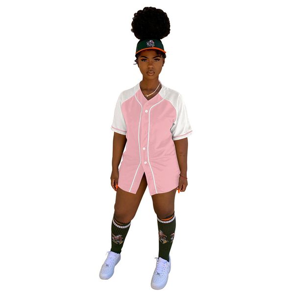 Neue Großhandel Frauen Baseball Uniform Jacken Sommer Patchwork Shirts Kurzarm getäfelte Strickjacke Casual Sport Oberbekleidung Massenartikel 7281