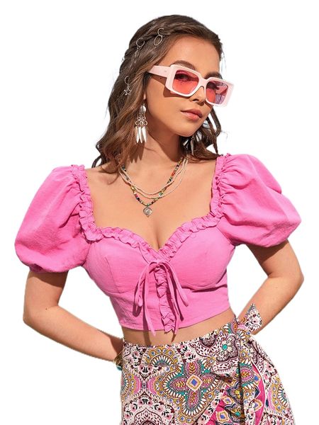 

sweetheart neck frill trim tie front puff sleeve crop blouse z24a#, White