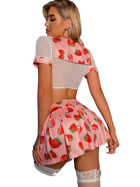 

5pack strawberry print mesh lingerie set h13k#, Black;red