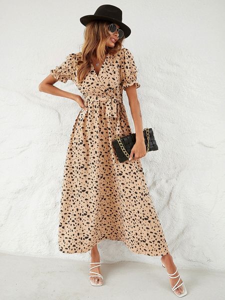 

allover print puff sleeve belted dress x0xc#, Black;gray