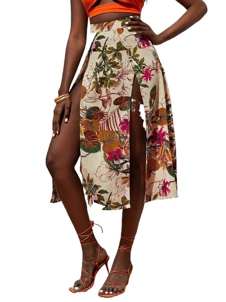 

tropical print wrap hem skirt 55ne#, Black