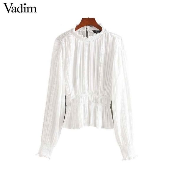 

women elegant white pink blouse long sleeve pleated elastic waist female casual shirt solid chic blusas lb749 y200422