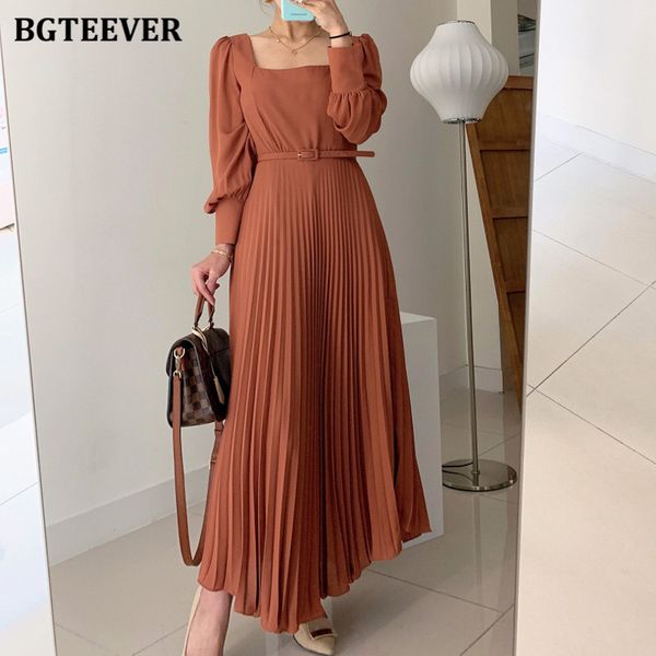 

elegant square collar female dresses summer women full sleeve belted pleated midi dress vintage vestidos 2021 spring, Black;gray