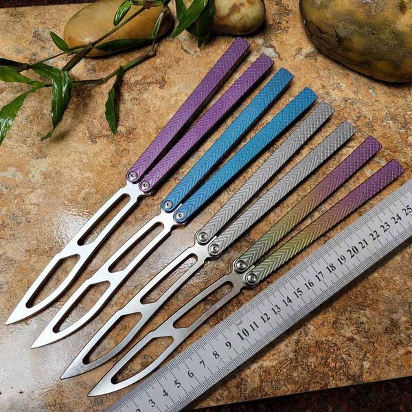 New Theone Balisong Butterfly Trainer Training Knife Not Sharp D2 Blade Titanium Handle Shaft sleeve system Hunting Self Defense Jilt Swing Knives BM42 Chimera EX10