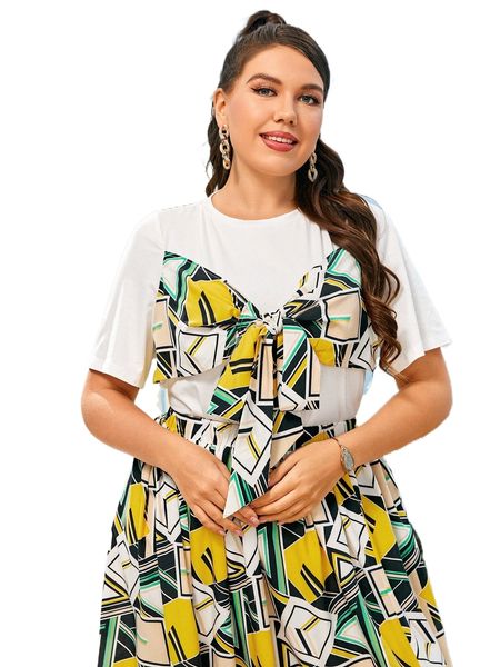 

plus geo print tie front tee p1ih#, Black