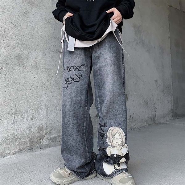 

uncledonjm cartoon side stripe jeans men ins brand hiphop cool loose straightleg pants denim trousers jeans men n1167 201111, Blue