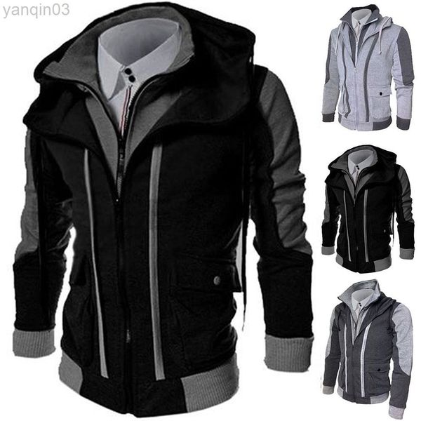 Menas casuais jaquetas inverno fino com zíper quente com capuz Jackets falsificados de duas peças esportes coloridos de moletom masculino disperso frio l220801