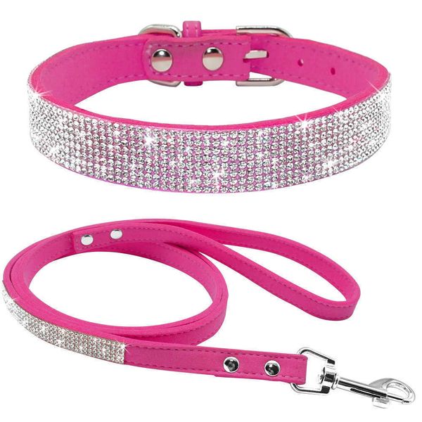 Collari Collare per cani regolabile in pelle scamosciata Collare per guinzaglio Set di strass morbidi Cani di taglia piccola e media Gatti che camminano Rosa Xs S Mthe