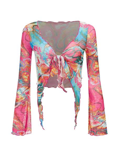 

split sleeve tie front asymmetrical hem graphic print mesh r1qn#, White