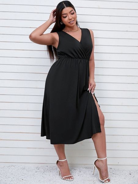 

plus solid surplice front split thigh dress a0g0#, Black