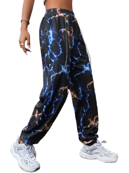 

lightning print chain detail sweatpants 55iy#, Black;white