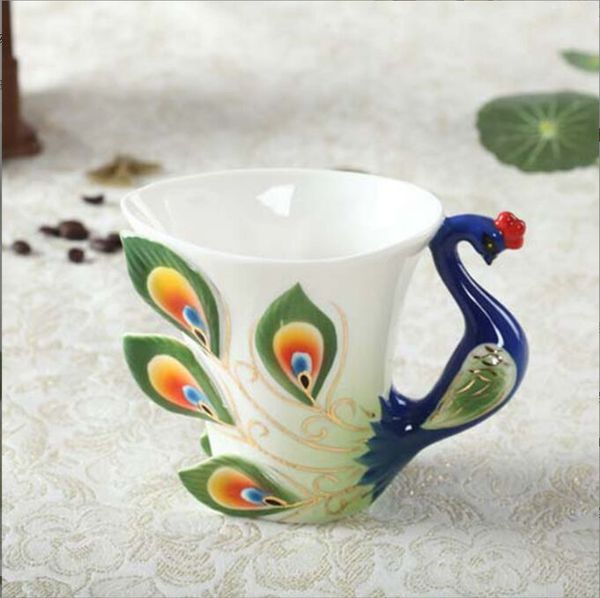 

creative 3d hand crafted porcelain enamel peacock coffee cup set with saucer and spoon present ceramic tea water cup dish gift