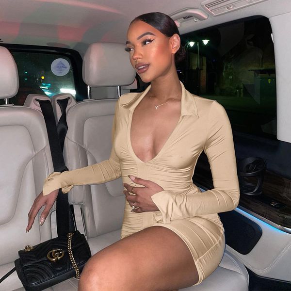 

long sleeve bodycon mini dresses fashion for women girls shirt elegant party evening autumn winter office lady short wrap dress clothing0005, Black;gray