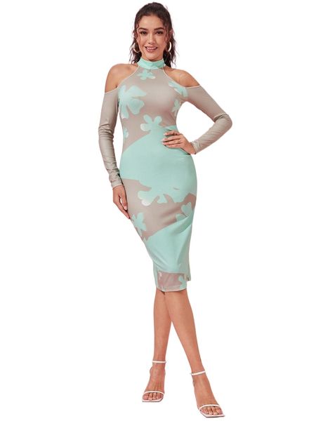 

x nishati by will floral print cold shoulder bodycon dress 68s4#, Black;gray