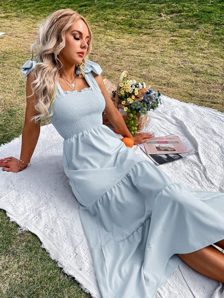

tie shoulder shirred ruffle hem cami dress y36i#, Black;gray