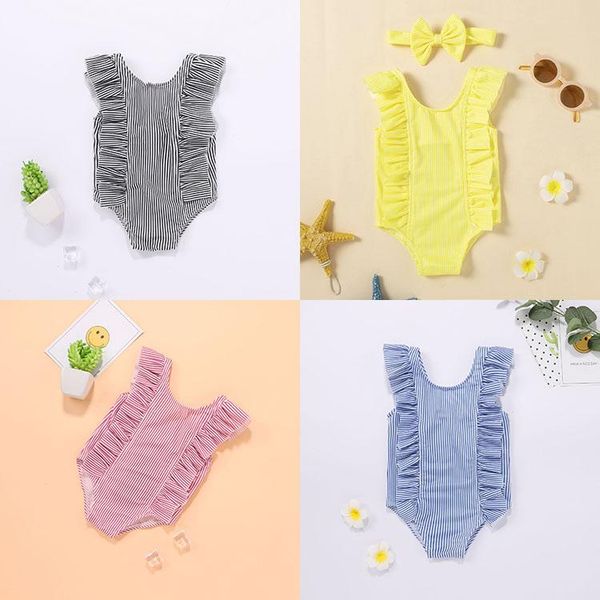 

children striped swimwear one-pieces baby girls ruffled swimsuit summer beach bikini kids ruffle, Black