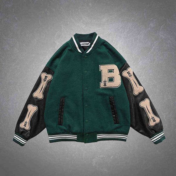 Giacca da baseball da uomo Hip Hop Casual Furry Bone Lettera Patchwork 3 colori Harajuku College Style Cappotti Bomber Giacche Abbigliamento uomo T220728