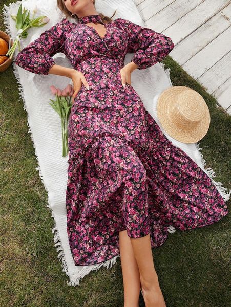 

floral print choker neck lantern sleeve ruffle hem dress r4mb#, Black;gray
