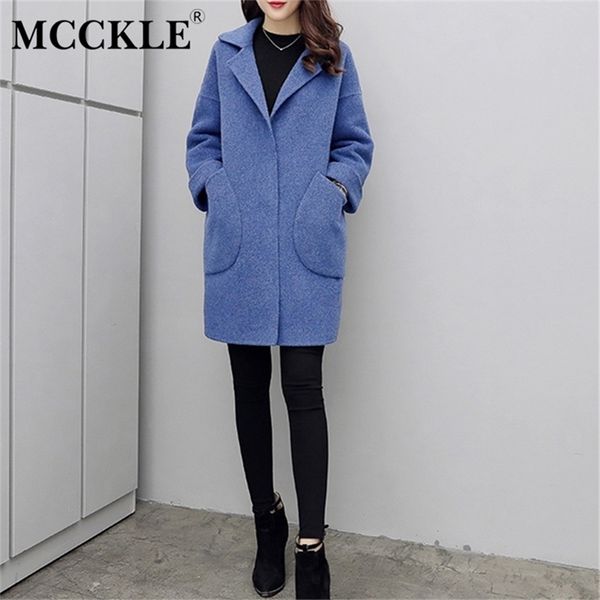 

women solid medium long woolen coat ladies pocket open stitch turn down collar coats autumn winter female casual outerwear 201215, Black