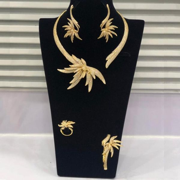 Ohrringe Halskette Luxus Palme Blatt Nigerianischen Halsband Schmuck Sets Für Frauen Hochzeit Kubikzircon CZ Dubai Gold Braut SetOhrringe Earri