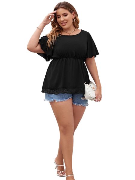 

plus contrast lace butterfly sleeve peplum blouse z9mh#, Black