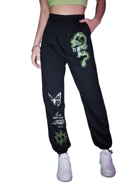 

romwe butterfly & dragon graphic sweatpants a89z#, Black;white