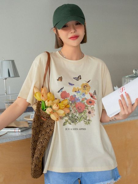 

dazy butterfly & floral print drop shoulder tee g6bc#, White