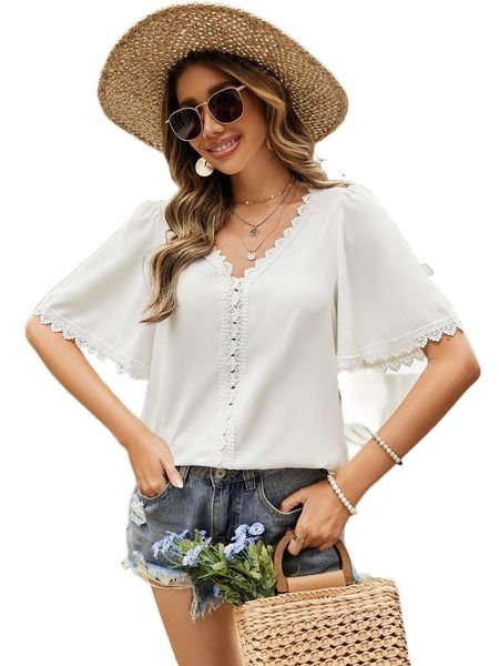 

guipure lace trim butterfly sleeve blouse a1df#, White