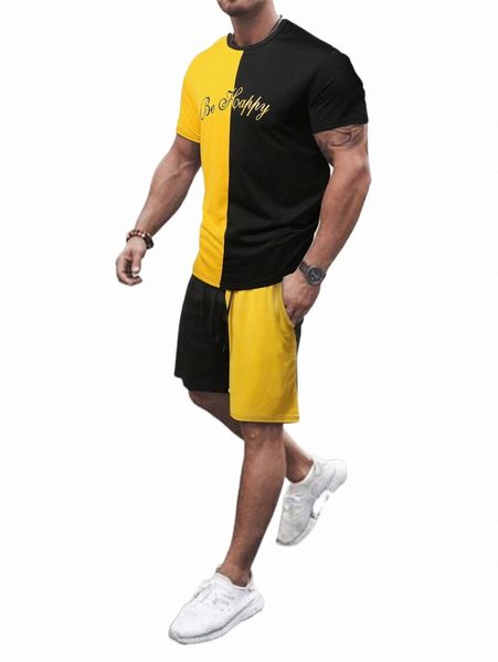 

men two tone slogan graphic tee with shorts v7yo#, Gray