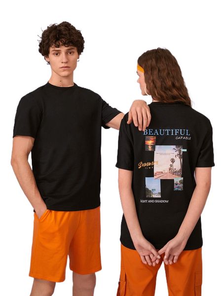 

1pc letter & picture print tee x8e2#, White;black