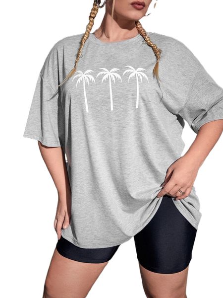 

plus palm tree drop shoulder tee s7vk#, Black
