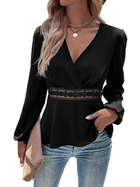 

guipure lace insert surplice neck blouse t3ij#, White