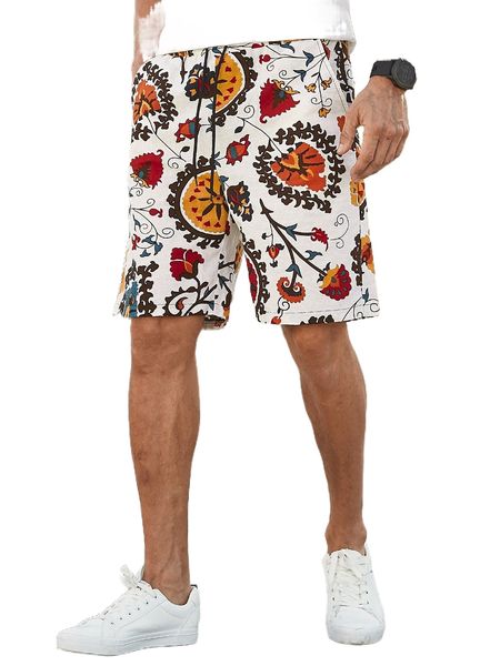 

men random floral print drawstring waist shorts 091y#, White;black