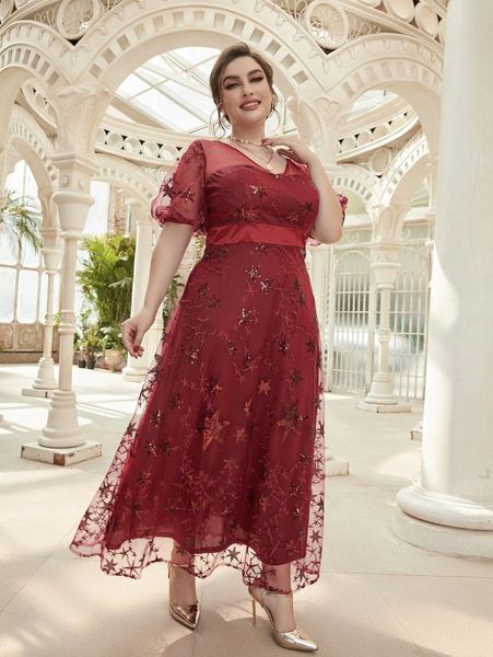 

plus star embroidered sequin insert lantern sleeve mesh dress d3hc#, Black