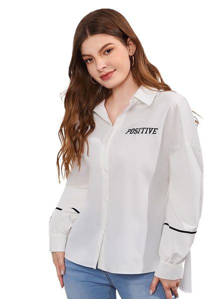 

letter embroidery button front blouse j5jt#, White