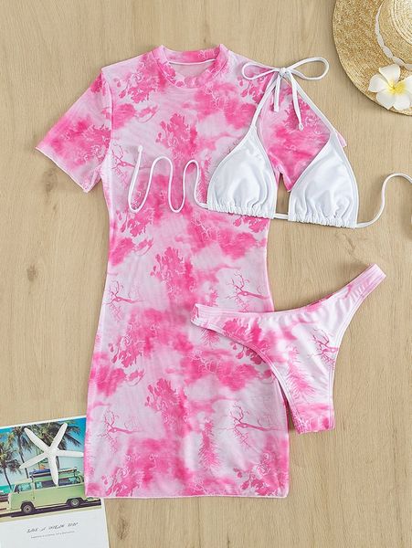 

3pack tie dye halter triangle bikini swimsuit & cover up o6my#, White;black