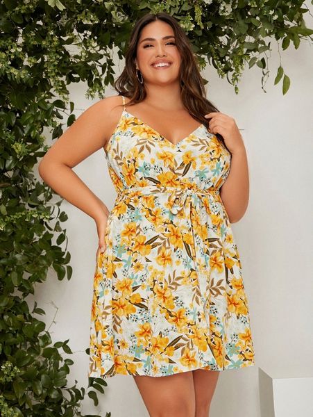 

plus allover floral print belted cami dress d0ut#, Black