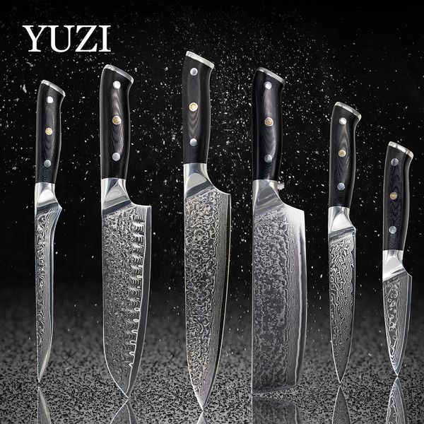 Conjunto de facas de cozinha YUZI Damasco 6 PCS Faca de chef profissional Japão Sankotu Cutelo Ferramenta Bone Utility Ferramentas de aparar