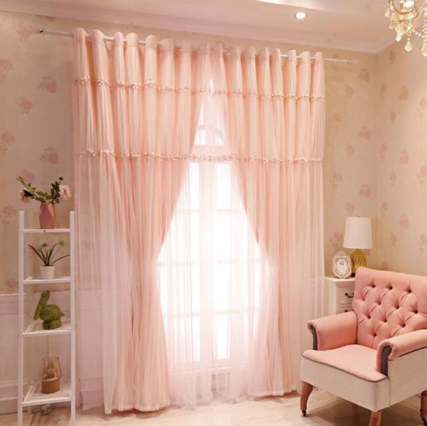 Cortina cortina cortina coreana dupla rosa cortinas de princesa para sala de estar bordada com comba de casamento tule tule tule pano de pano