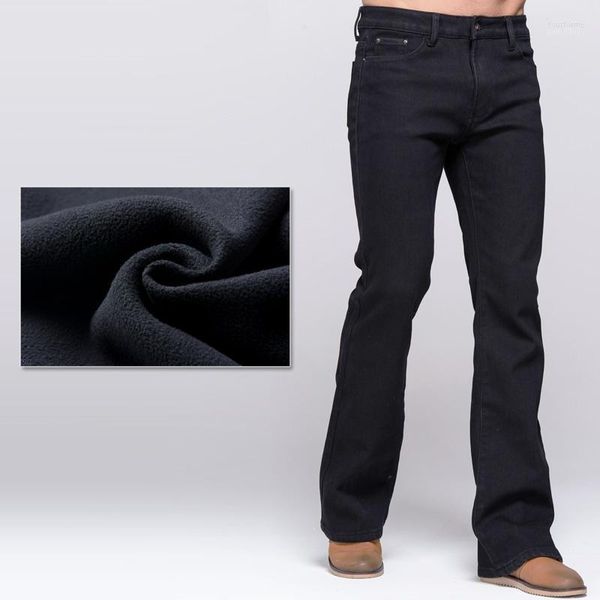 Jeans da uomo con taglio a stivale invernale addensati pantaloni in denim elasticizzato caldo nero slim leggermente svasati pantaloni in pile1