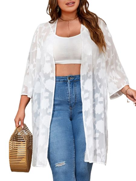 

plus jacquard open front chiffon kimono r9of#, Black;gray