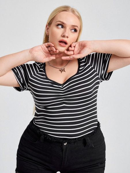 

plus sweetheart neck striped tee s30c#, Black
