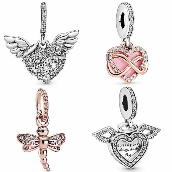 Ciondolo in argento sterling 925 Ciondolo in oro rosa Libellula scintillante Cuore e ali d'angelo Ciondolo perline Pandora Charms Bracciale Accessori per gioielli fai da te