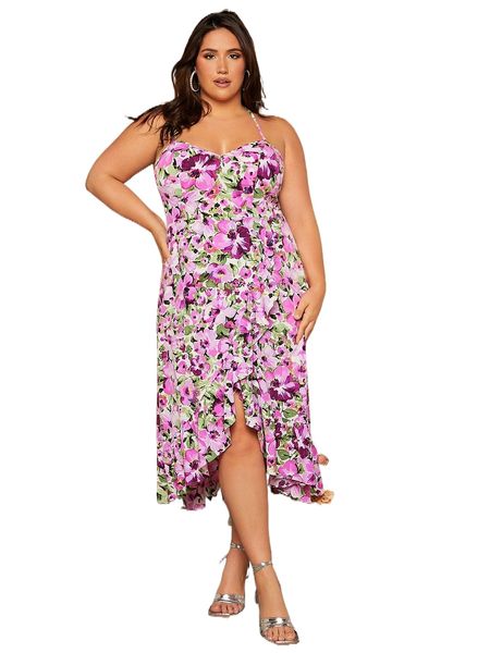 

plus floral print ruffle trim criss cross backless cami dress h2gr#, Black