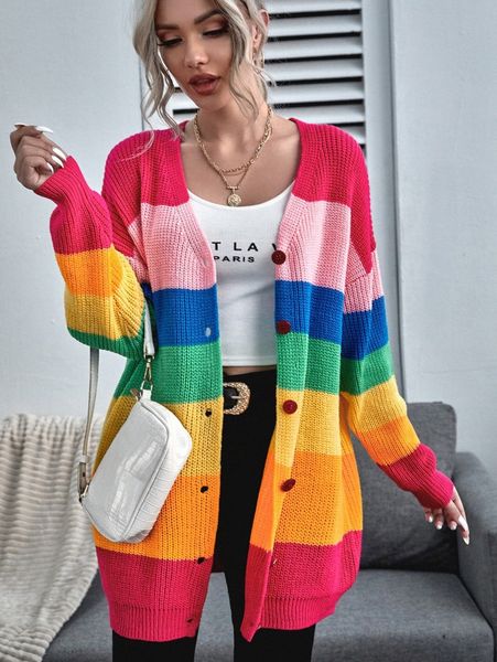 

button front drop shoulder rainbow stripe cardigan t0sc#, White;black