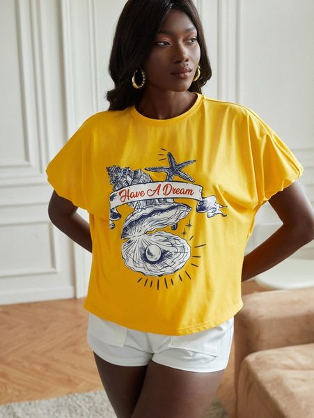 

shell & slogan graphic dolman sleeve tee r3e8#, White