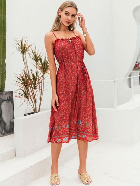 

simplee frill trim self belted ditsy floral slip dress 43io#, Black;gray